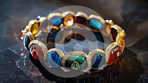 A clay bracelet adorned with sparkling gemstones adding a touch of elegance to the piece.