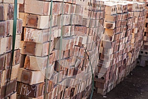 Clay bricks in stacks from the side