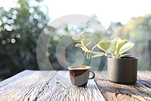 Clay brown coffee cup and spoon with hoya plant