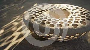 A clay disc filled with intricate outs and holes allowing light to shine through and creating a stunning shadow effect. photo