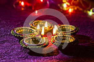 Clay diya lamps lit during Diwali Celebration. Greetings Card De