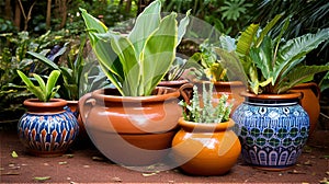 a clay flower pots with leaves flowers on garden.