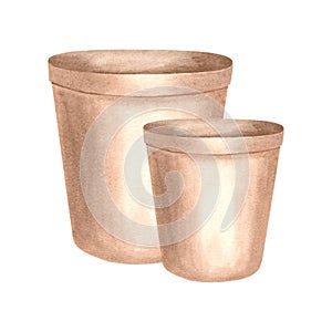 Clay flower pots, watercolor illustration garden supplies. Terracota ceramic container for house plant. Hand drawn