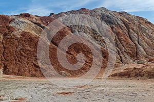 Clay hills of crimson red color. Ural refractory clay quarries