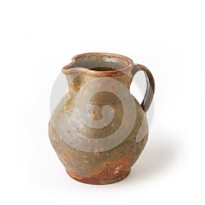 Clay jug, old ceramic vase isolated on white background