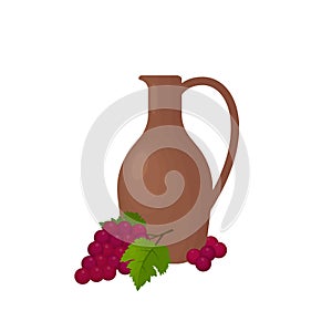 clay jug for red and white wine with a bunch of red grapes and grape leaves. Vector illustration isolated on white