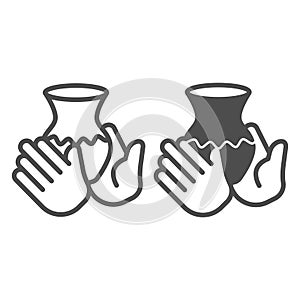 Clay jug with wave pattern in hands line and solid icon, pottery making concept. Vector graphics. Hands with clay jug