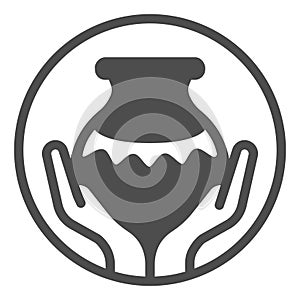 Clay jug with wave pattern in hands solid icon, pottery making concept. Vector graphics. Clay production bubble, fragile