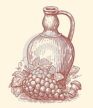 Clay jug with wine drink and bunch grapes. Winemaking, winery sketch. Hand drawn vintage vector illustration