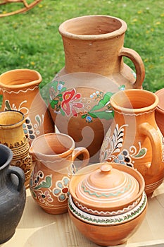 Clay jugs, grass