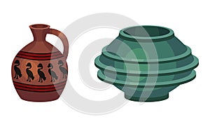 Clay kitchenware assortment set. Vuntage jug and vase ceramic vessels vector illustration
