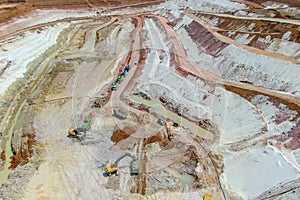 Quarrying clay.panoramic aerial view. Clay mining process photo
