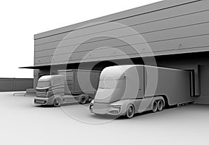 Clay model rendering of electric trucks parking in front of modern logistics center