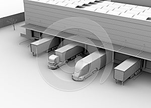 Clay model rendering of electric trucks parking in front of modern logistics center