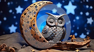 a clay owl perched on a clay crescent moon