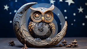 a clay owl perched on a clay crescent moon