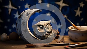 a clay owl perched on a clay crescent moon