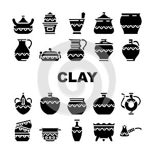 clay pot ceramic pottery bowl icons set vector