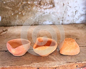 Clay pot diya,chiragh, mud clay diya pack of three, mitti diya,clay oil lamp,oil mud lamp for decoration