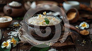 Clay pot with Kiribath on a rustic table, surrounded by coconut milk, rice, and frangipani flowers for Sinhalese New