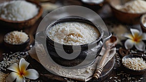 Clay pot with Kiribath on a rustic table, surrounded by coconut milk, rice, and frangipani flowers for Sinhalese New