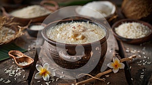 Clay pot with Kiribath on a rustic table, surrounded by coconut milk, rice, and frangipani flowers for Sinhalese New