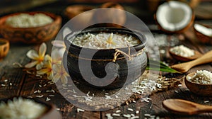 Clay pot with Kiribath on a rustic table, surrounded by coconut milk, rice, and frangipani flowers for Sinhalese New