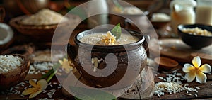 Clay pot with Kiribath on a rustic table, surrounded by coconut milk, rice, and frangipani flowers for Sinhalese New