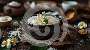 Clay pot with Kiribath on a rustic table, surrounded by coconut milk, rice, and frangipani flowers for Sinhalese New photo