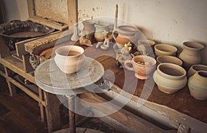 Clay pot on a potter`s wheel