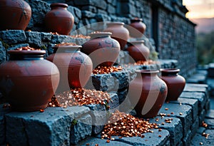Clay pots filled with coins are arranged on stone steps, symbolizing wealth and