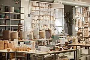 Clay pots sitting on shelves and tables in a ceramics workshop