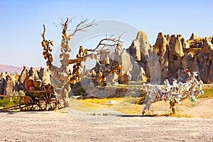 Clay pots on the tree. Rock churches and pigeon lofts. Sword valley, Goreme, Cappadocia, Anatolia, Turkey. Popular