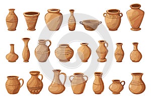 Clay pots, vases and jugs. Ancient traditional east culture crockery and water jug. Isolated archeology treasures