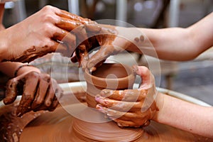 Clay potter hands wheel pottery work