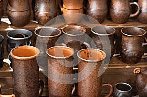 Clay pottery ceramic Products dry on shelf in workshop