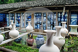 Clay pottery vases in traditional pottery workshop in Jingdezhen, China