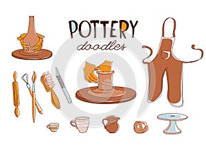 Clay Pottery Workshop Studio icons set doodle style