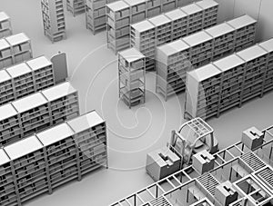Clay rendering of Autonomous Mobile Robots delivering shelves in distribution center