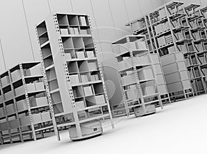 Clay rendering of Autonomous Mobile Robots delivering shelves in distribution center