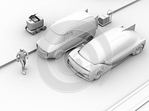 Clay rendering of car emergency braking to avoid accident with pedestrian who using smartphone