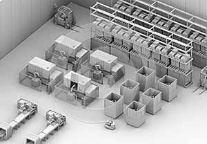 Clay rendering of dual-arm robot assembly motor coils in cell-production space. AGV, forklift and CNC machines at background