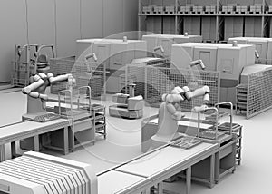 Clay rendering of dual-arm robot assembly motor coils in cell-production space. AGV, forklift and CNC machines at background