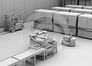 Clay rendering of dual-arm robot assembly motor coils in cell-production space. AGV, forklift and CNC machines at background