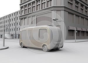 Clay rendering of electric powered  autonomous shuttle bus driving through a intersection