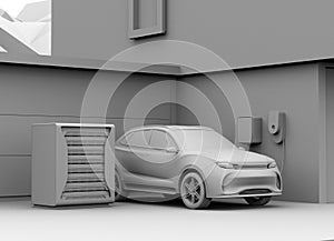 Clay rendering of electric powered SUV recharging in garage