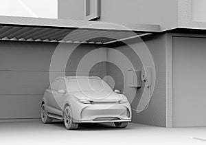 Clay rendering of electric powered SUV recharging in garage photo