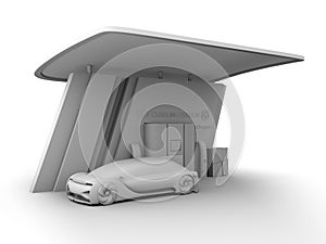 Clay rendering of Fuel Cell powered autonomous car filling gas in Fuel Cell Hydrogen Station