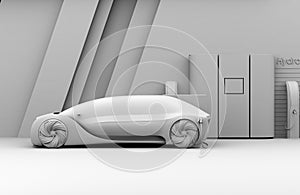 Clay rendering of Fuel Cell powered autonomous car filling gas in Fuel Cell Hydrogen Station