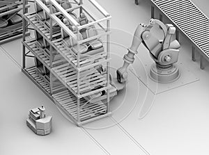 Clay rendering of heavyweight robotic arm picking car seats in car assembly production line